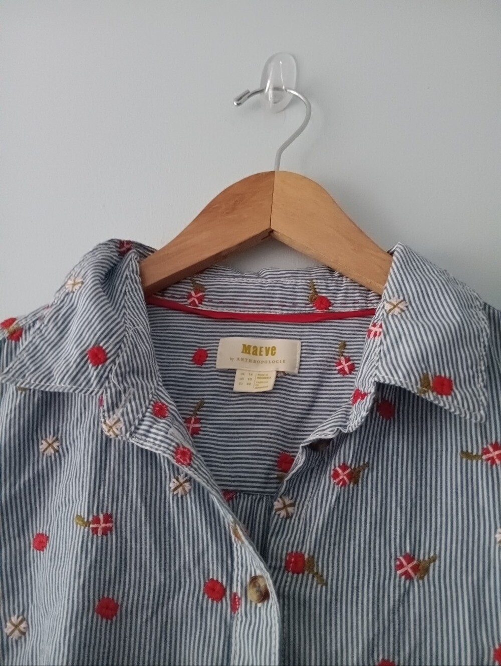 Maeve Agra Cotton Embroidered Floral Button Long Sleeve Striped Shirt Sz 10 - Picture 3 of 7